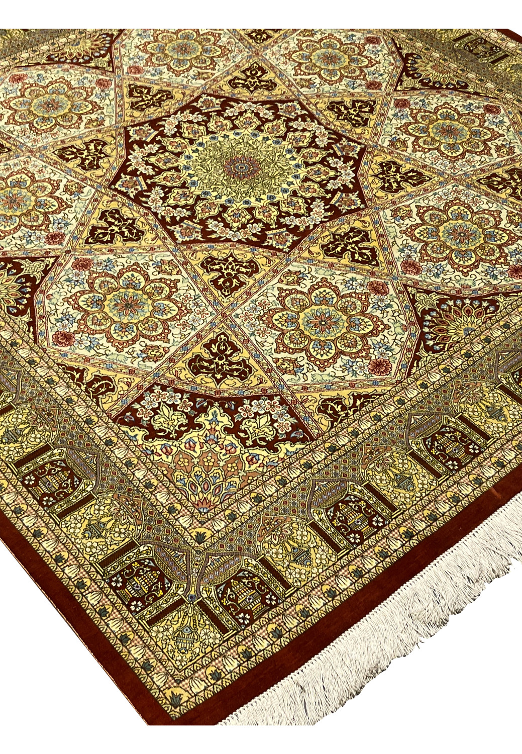 Side view of signed Amjadi Persian Qum 5 x 5 silk on silk square rug showing border depth, medallion geometry, and luminous silk sheen