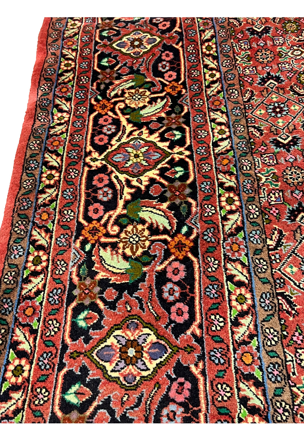 Border close-up of Persian Bijar rug displaying crisp floral detailing and saturated natural dyes