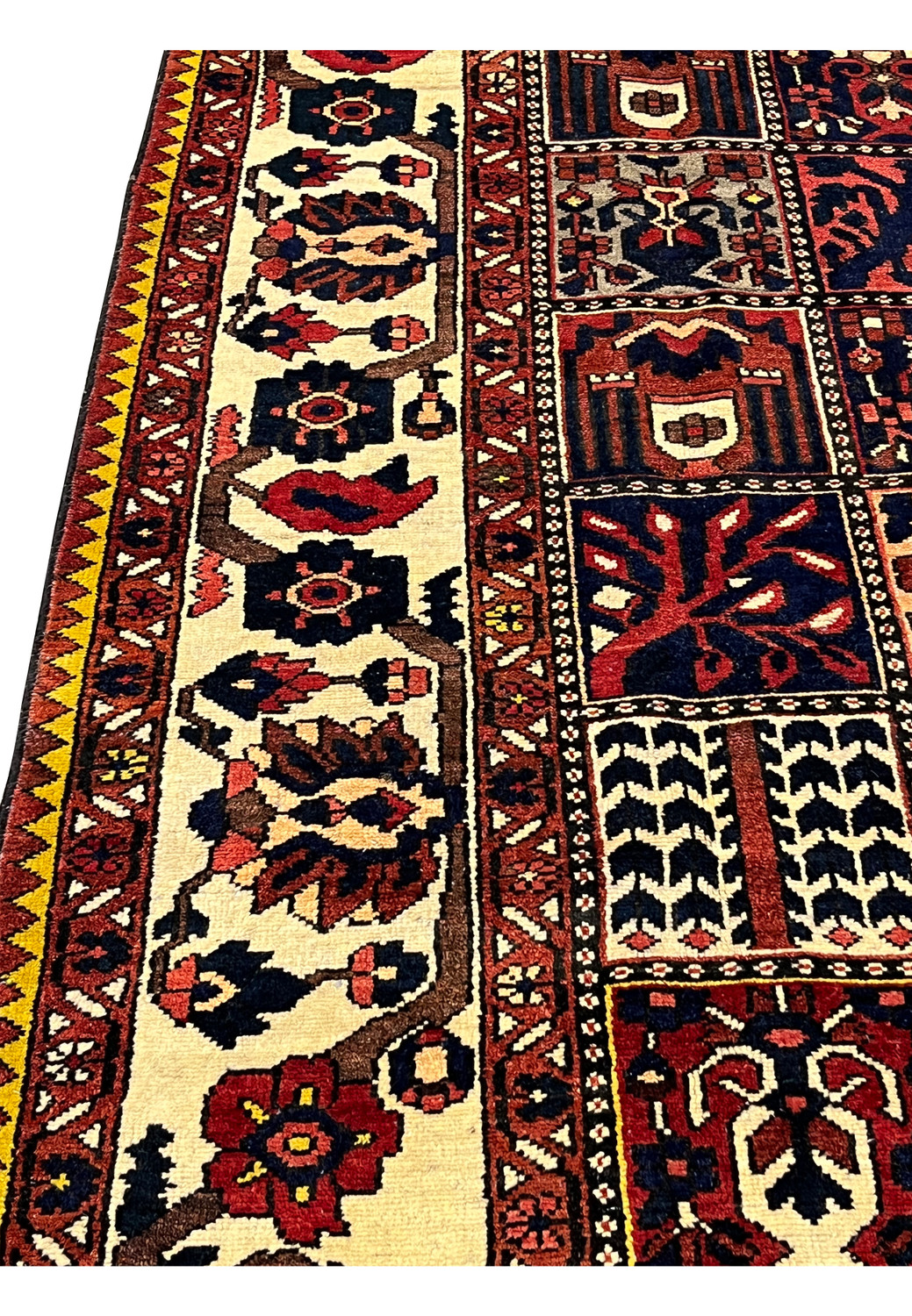 Close-up of Bakhtiar rug border highlighting wool texture and hand-knotted floral patterns
