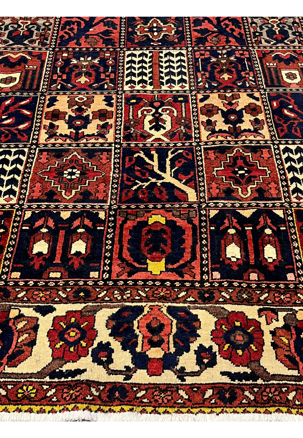 Lower border detail of a Persian Bakhtiar rug with ivory background and floral vine motifs