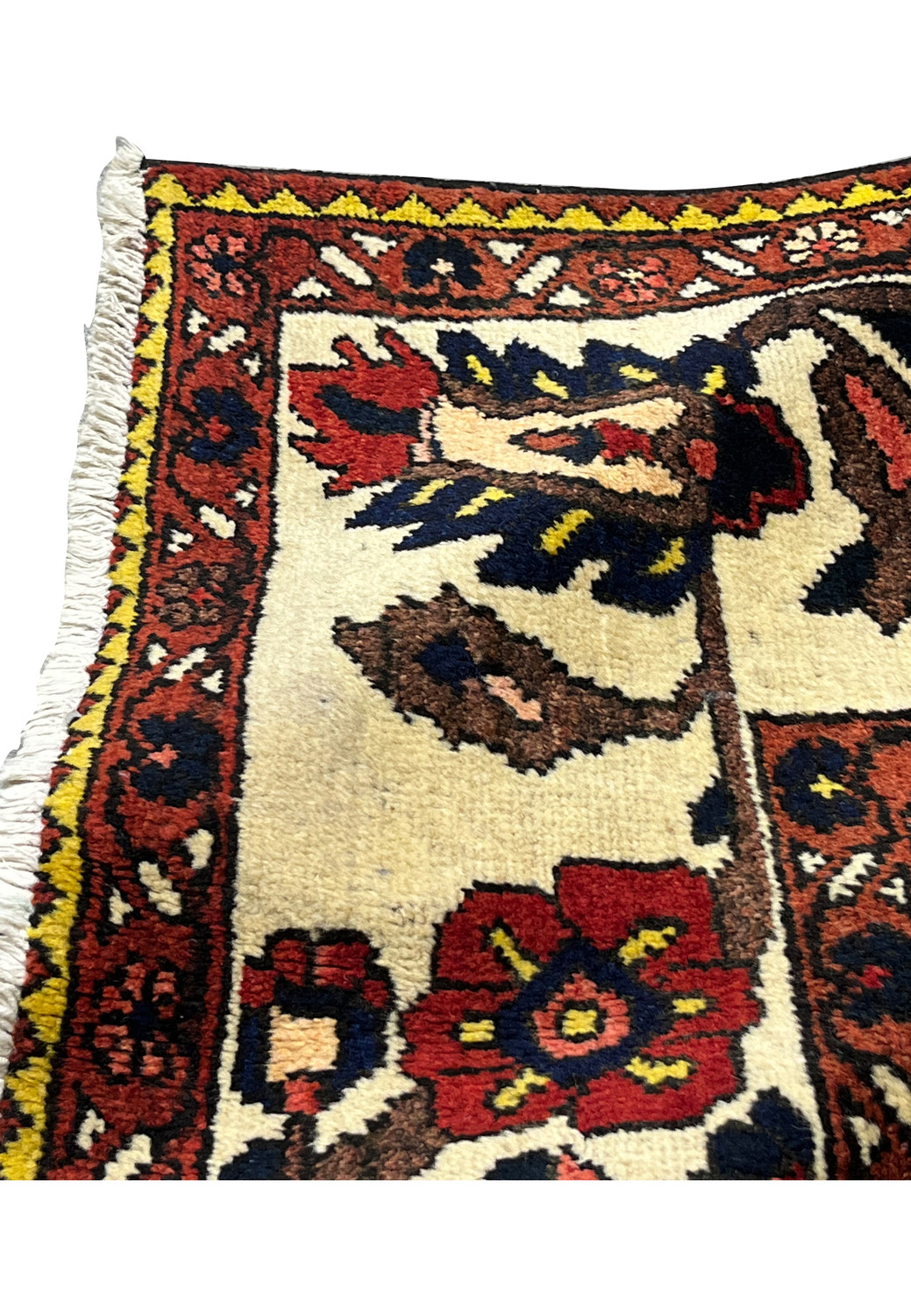 Folded edge detail of a Persian Bakhtiar garden rug highlighting wool density, color saturation, and layered knot structure within the border