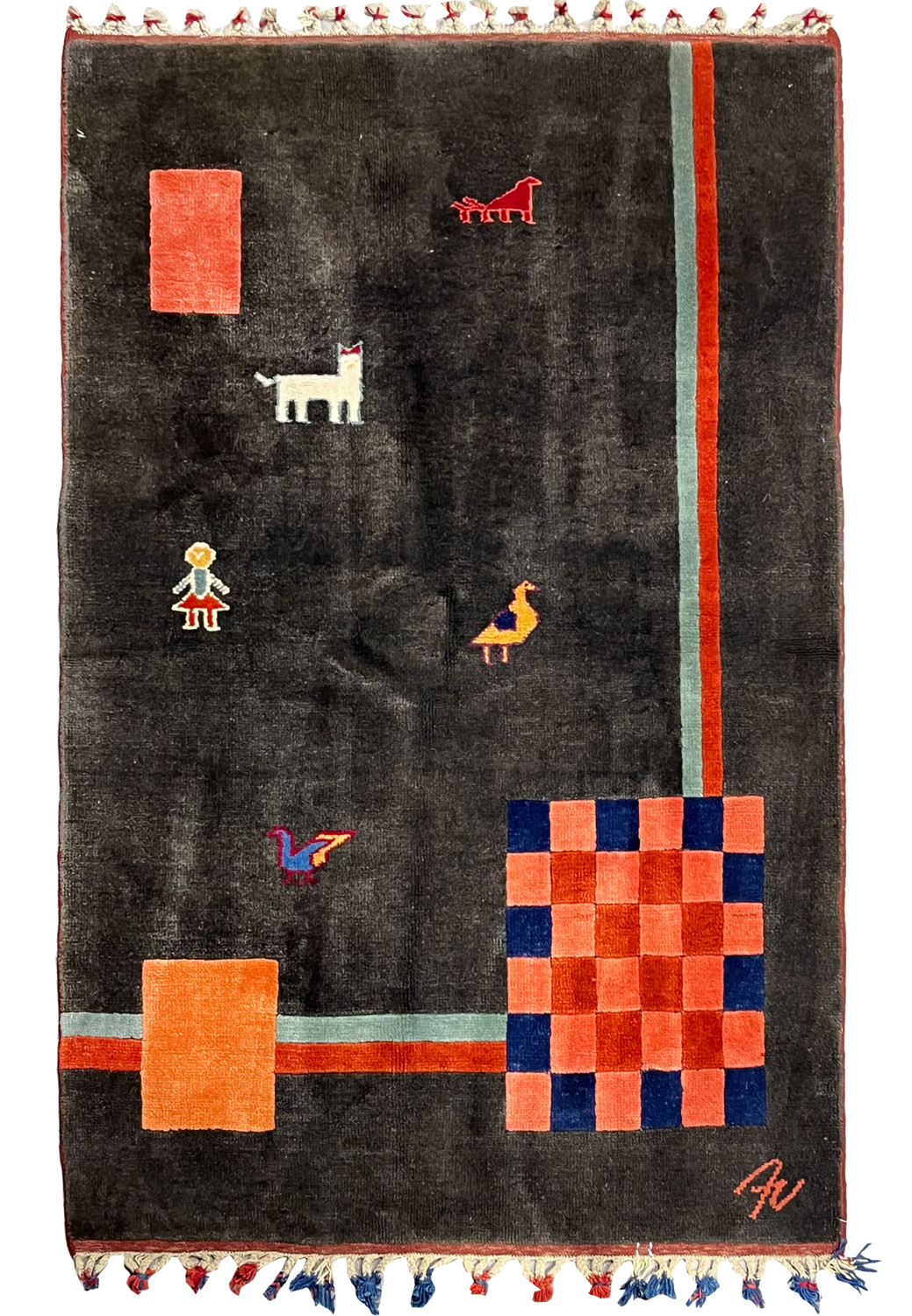Full view of 3'5 x 5'6 Persian Gabbeh tribal rug with charcoal field, animal motifs, coral blocks, checkerboard panel, and thick wool pile texture