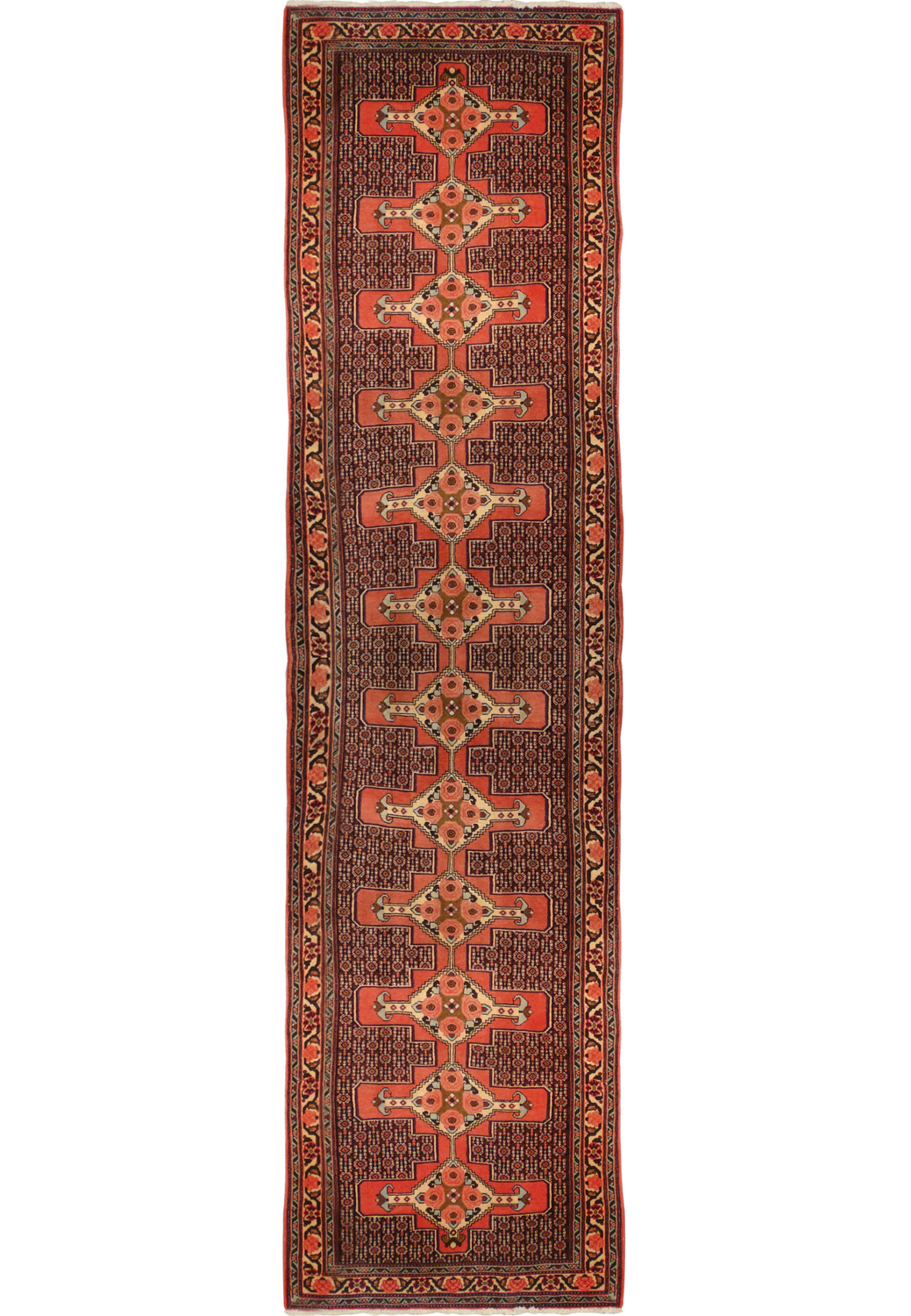 Full length Persian Senneh runner rug 3x12 hallway size red navy field with repeating medallions and floral border handmade wool