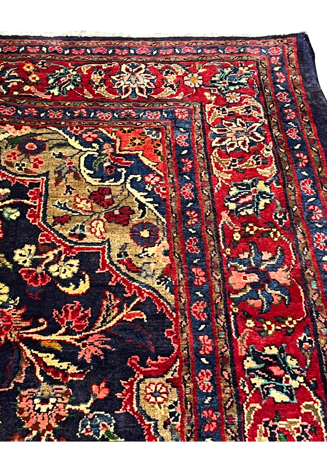 Top border detail of handmade Mahal rug with bold red ground, ivory palmettes, scrolling vines, and fine blue guard stripes along the edge