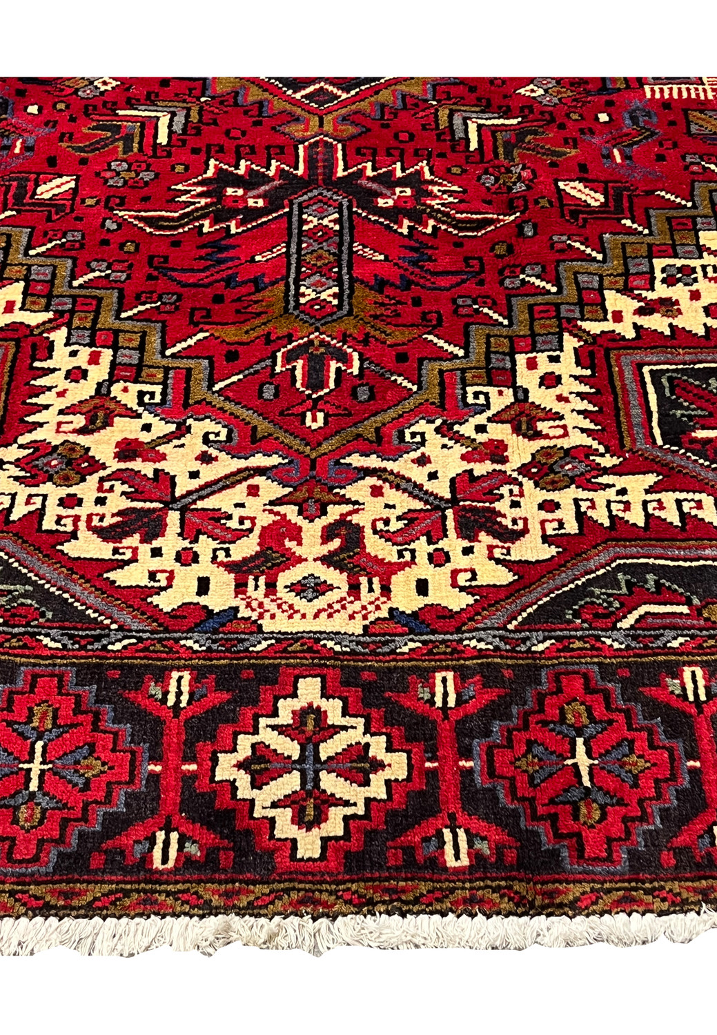 Lower border view of Persian Heriz rug with repeating geometric rosettes strong guard stripes and structured tribal framing