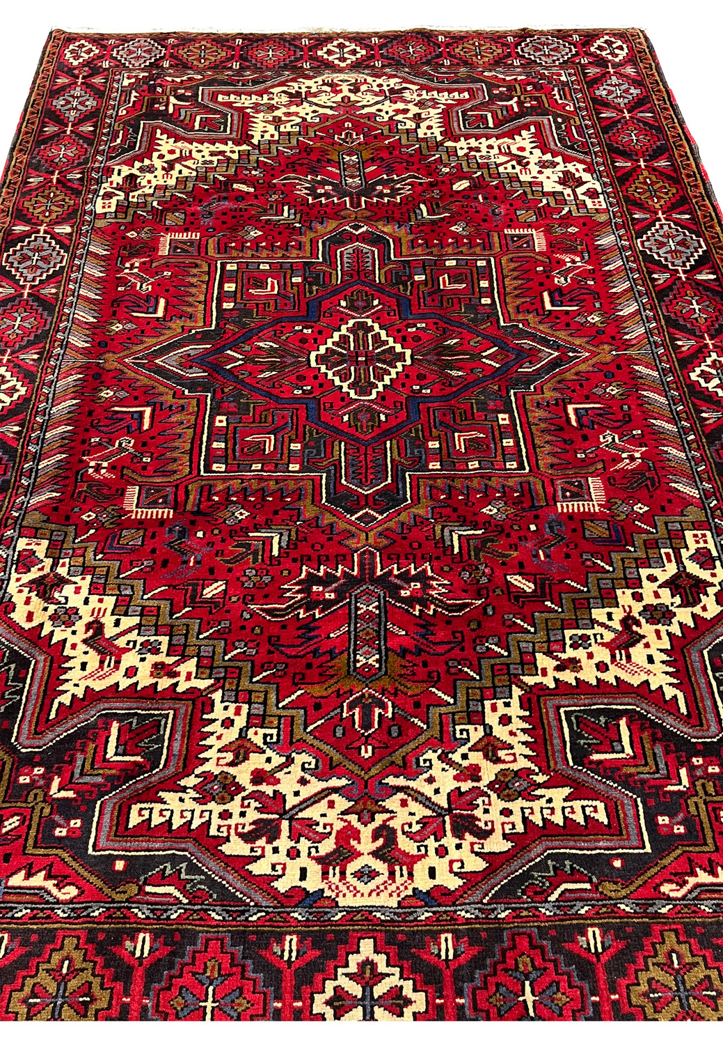 Top view of Persian Heriz area rug showing geometric medallion stepped motifs dense tribal field and classic border proportions