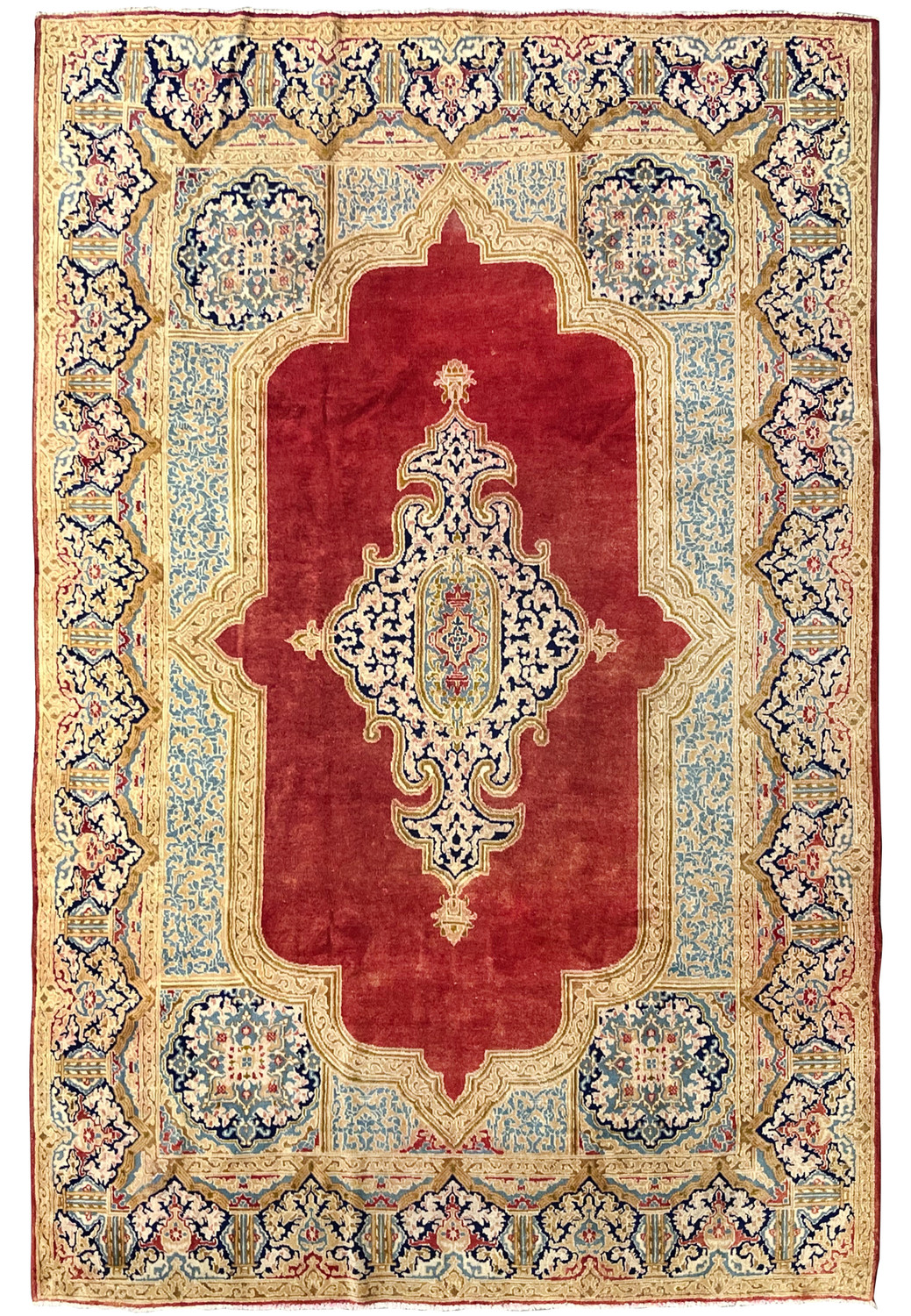 Full view antique Persian Kerman rug 7x10 brick red field large floral medallion ivory and blue borders palace size hand knotted wool