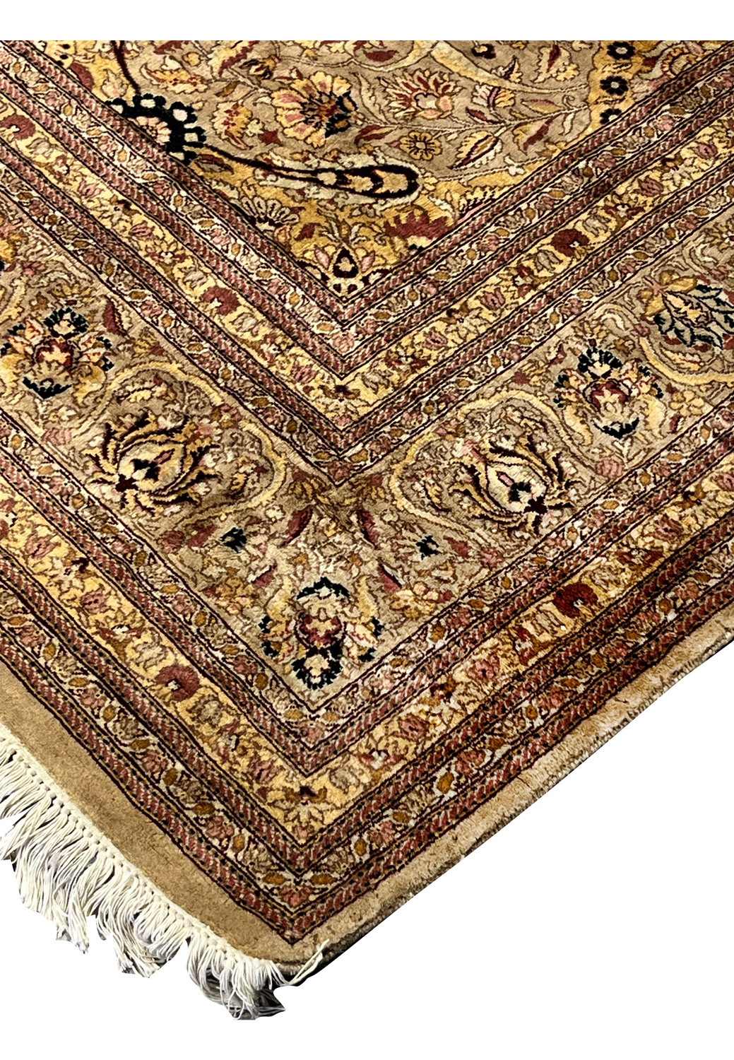 Edge closeup showing fringe, binding, and worn distressed areas along perimeter