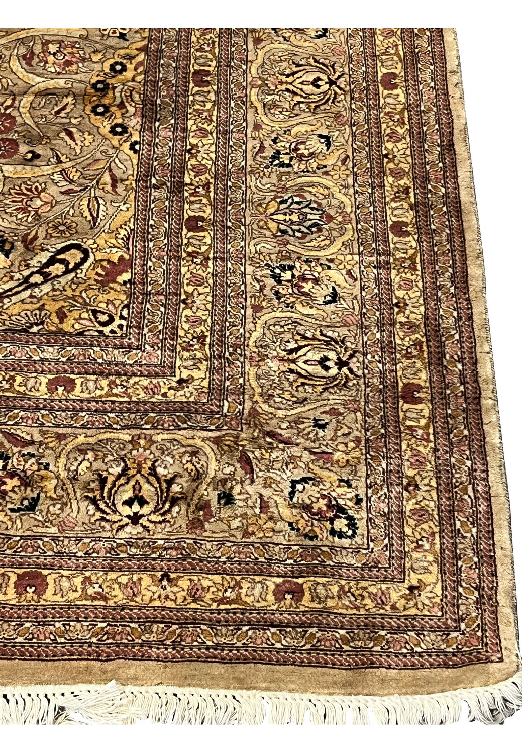 Border detail showing repeating floral cartouches, brown outlines, and antique style guard stripes.