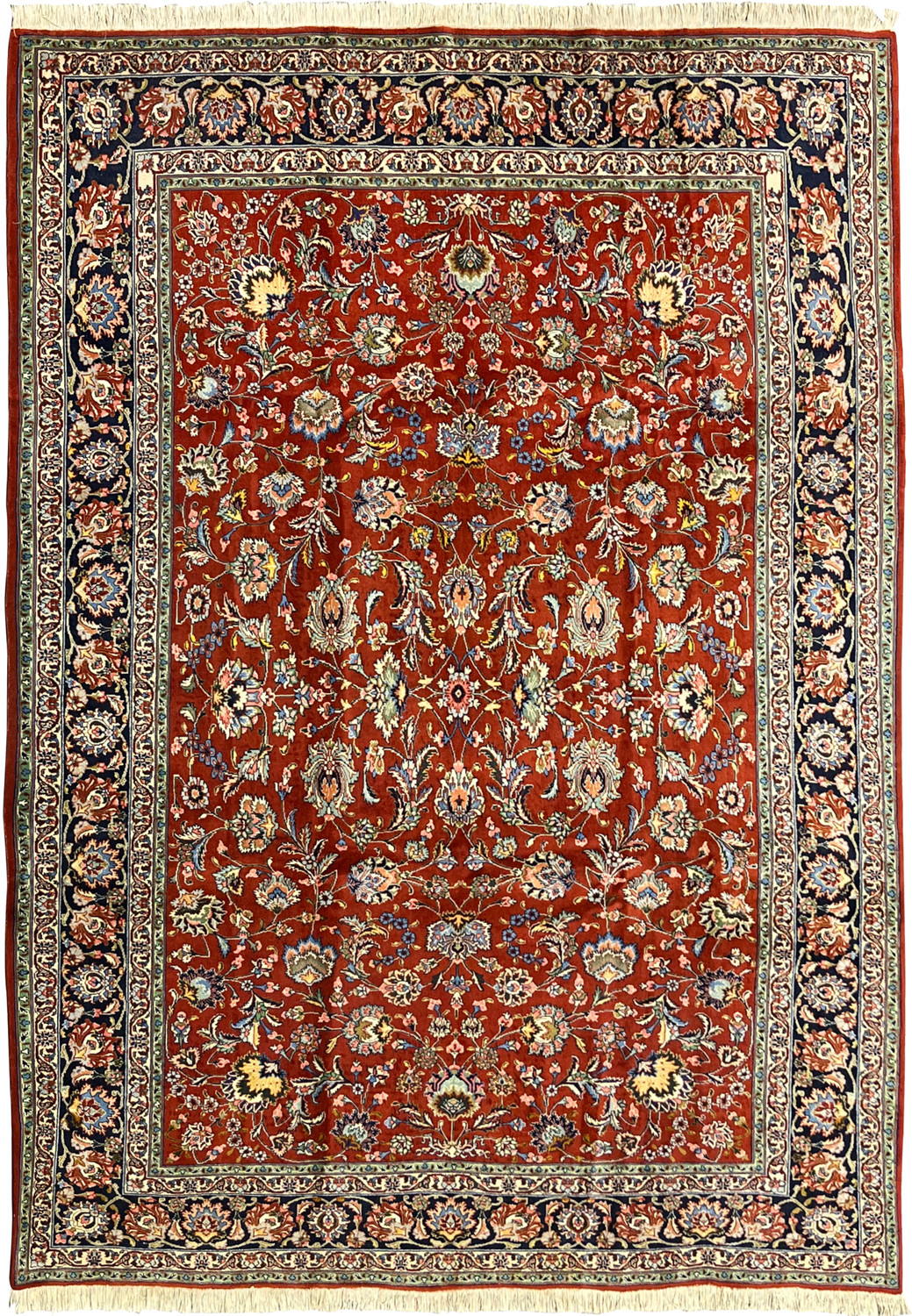 8x11 Persian Royal Tabriz rug full view brick red field navy floral border dense botanical all over hand knotted wool carpet