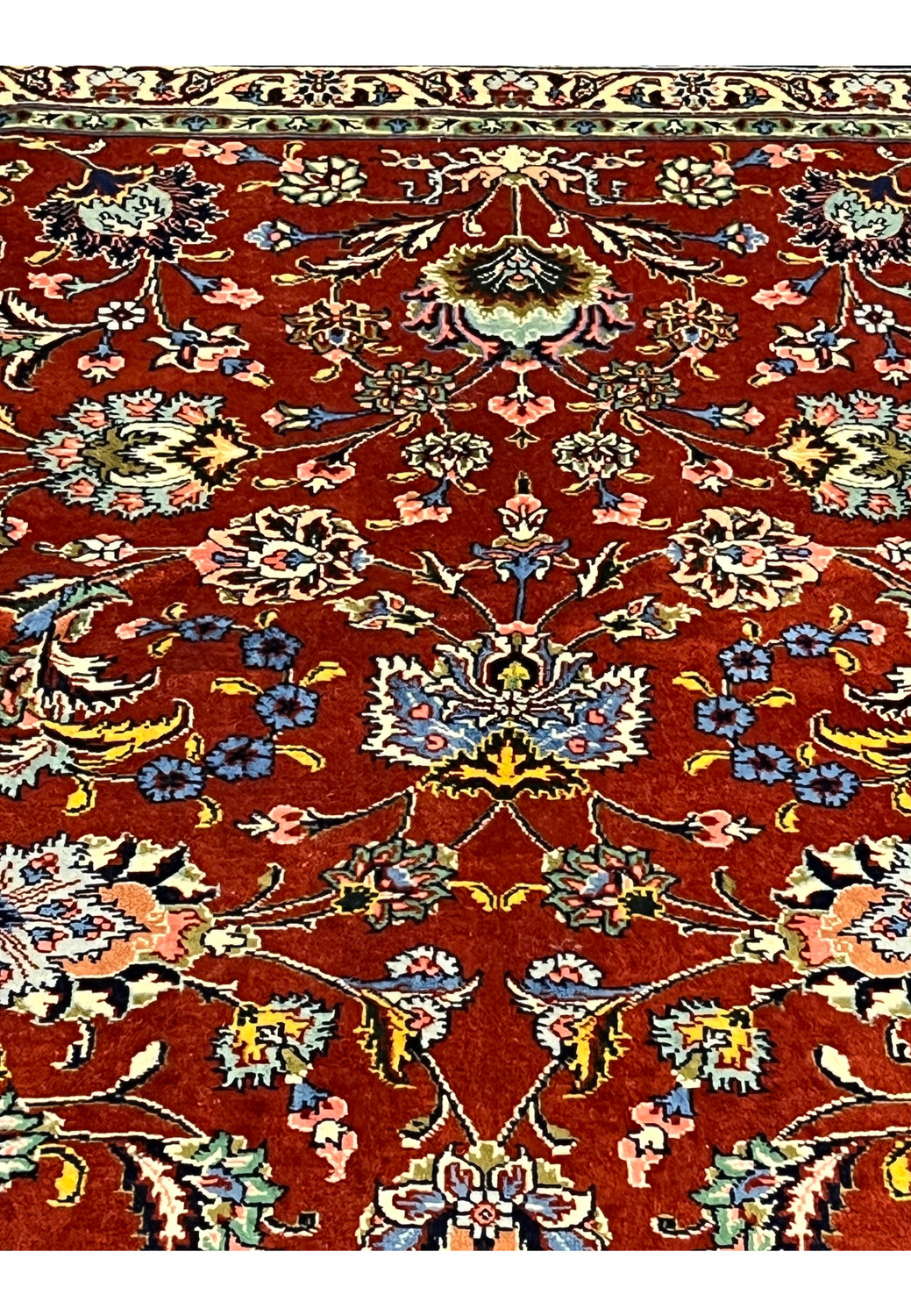 Full floral lattice design of handmade Tabriz rug with rust red background, navy outlines, cream flowers and balanced Persian garden composition