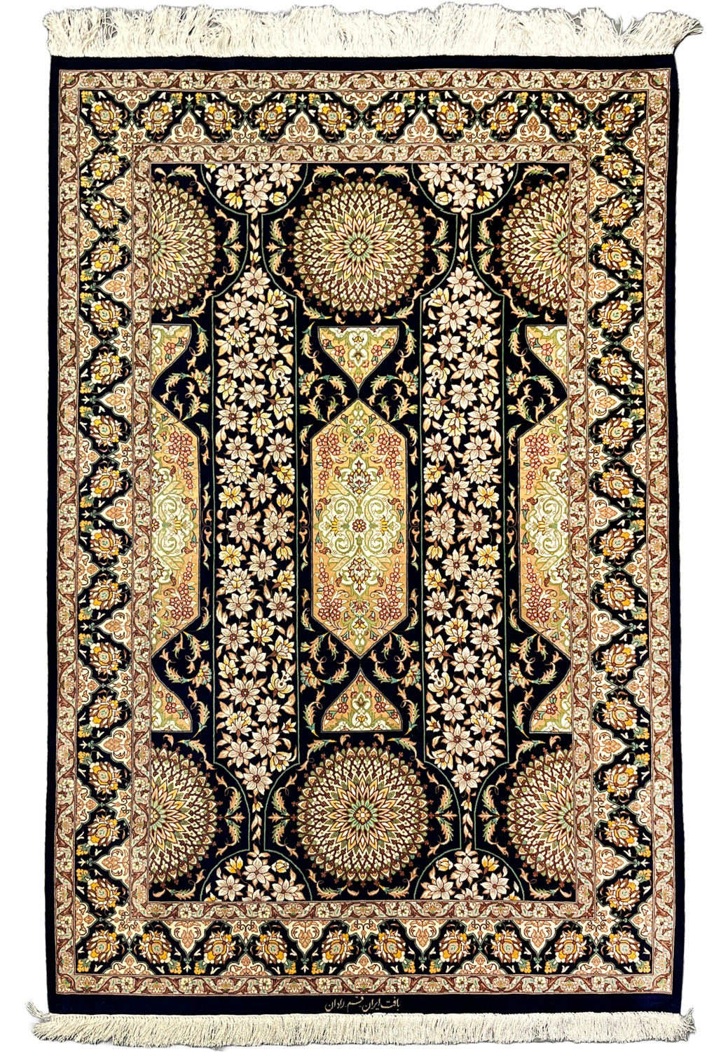 Persian Qum pure silk rug full view navy field with floral panels rosette medallions ivory flowers and intricate signed border handmade 1000 KPSI