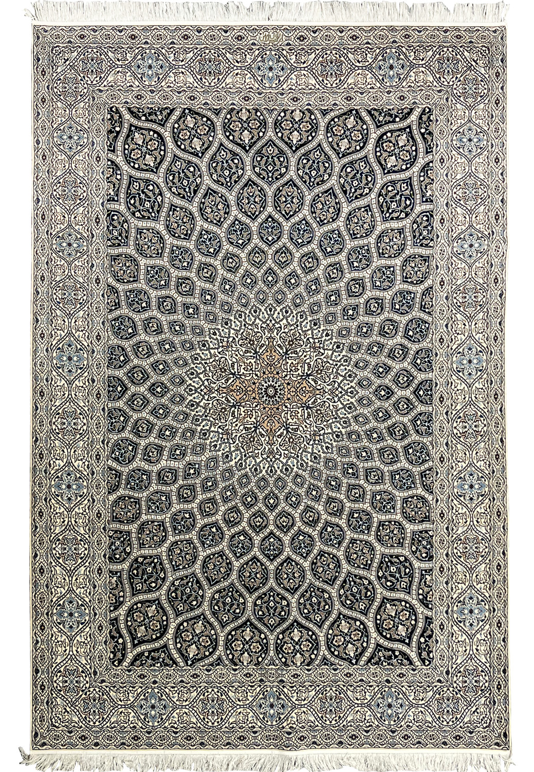 6'9 x 10 Persian Nain Habibian 6 LA Kork and silk rug with ivory field navy Gombadi dome medallion floral border handmade in Persia.