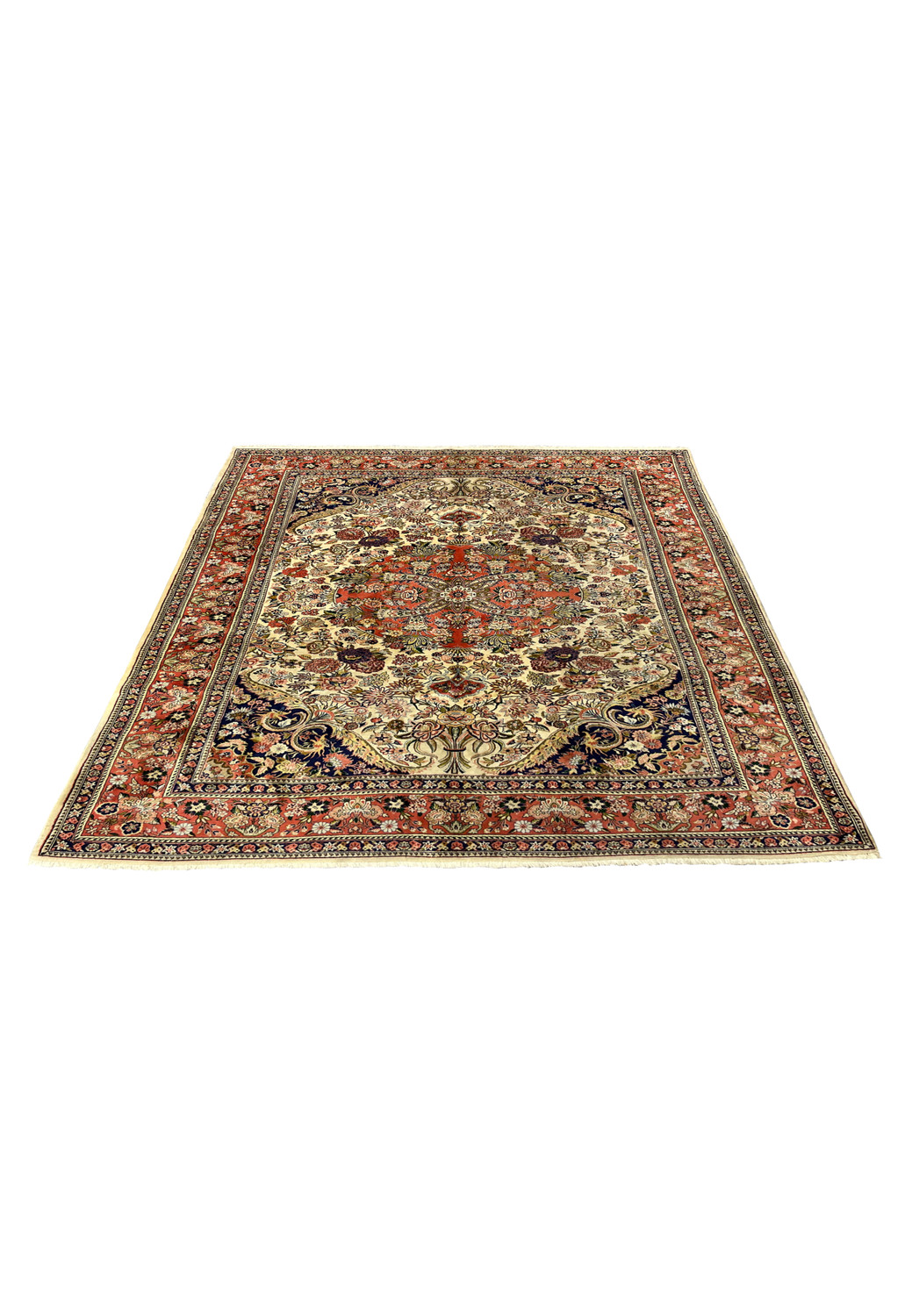 Laid down view of premium Persian Bijar rug showing circular coral medallion ivory field and detailed navy floral borders