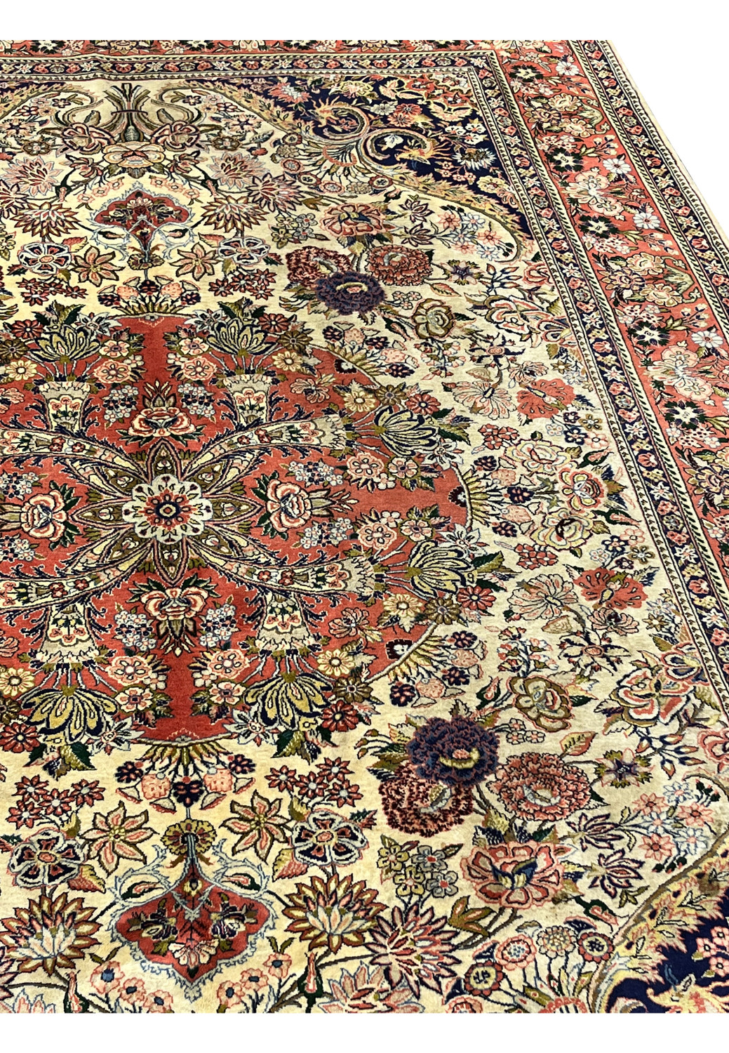 Angled perspective of Persian Bijar rug highlighting ivory field floral density and strong structural body