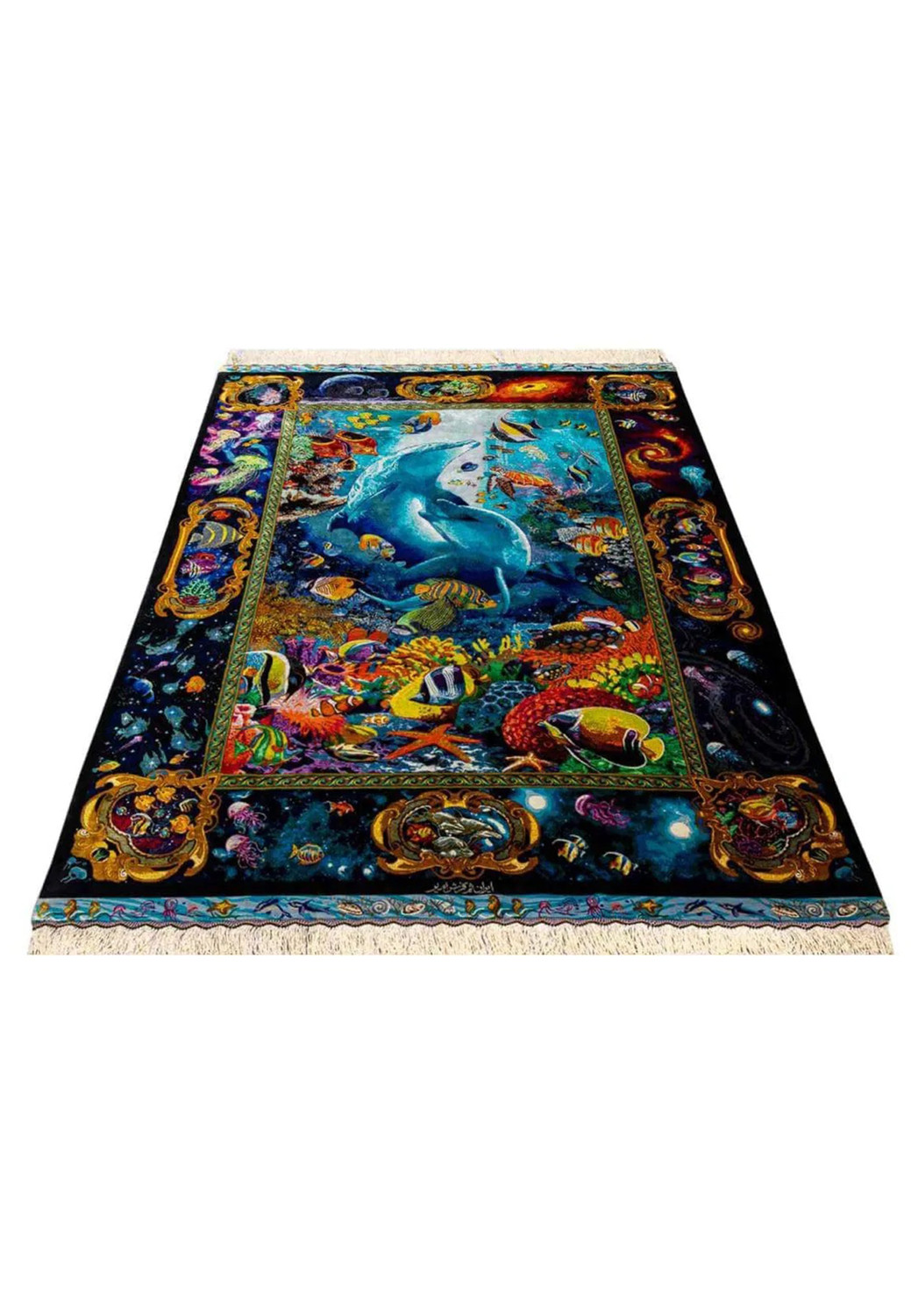 Persian Qum silk dolphin ocean scene rug laid flat showing luminous blues tropical fish and ornate gold framing