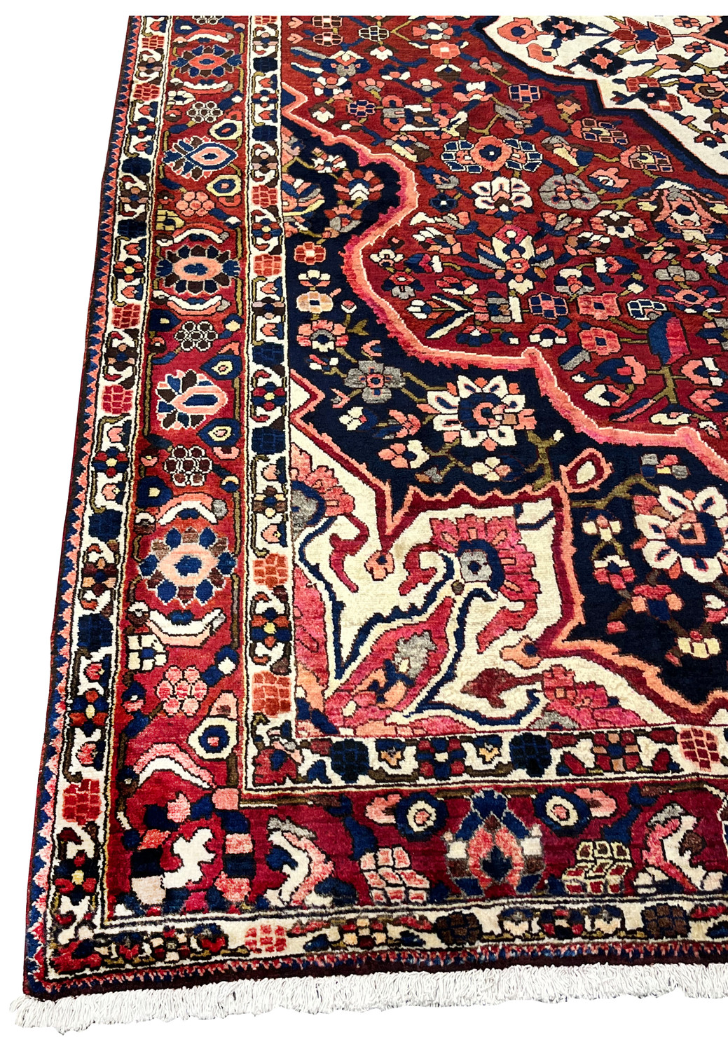 Close-up of Persian Bakhtiari rug border with red floral scroll pattern and ivory guard stripe.
