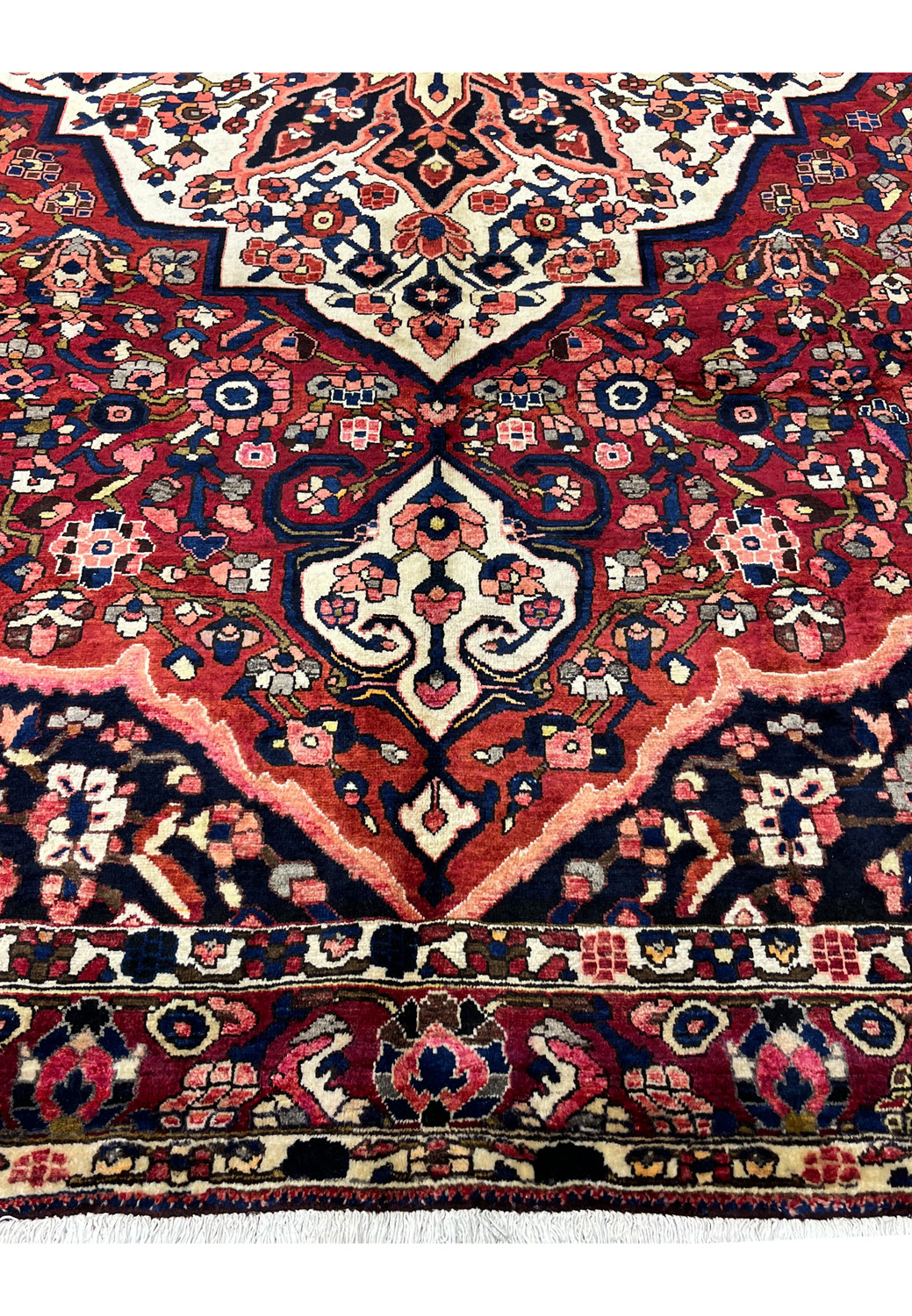 Lower border of hand-knotted Persian Bakhtiari rug with navy floral band and ivory wool fringe