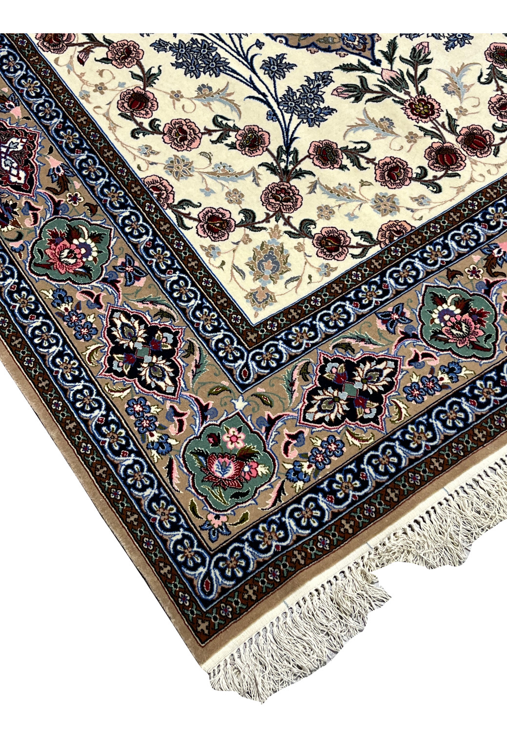 Edge corner detail Persian Isfahan wool silk rug hand knotted ivory fringe taupe border blue arabesque guard