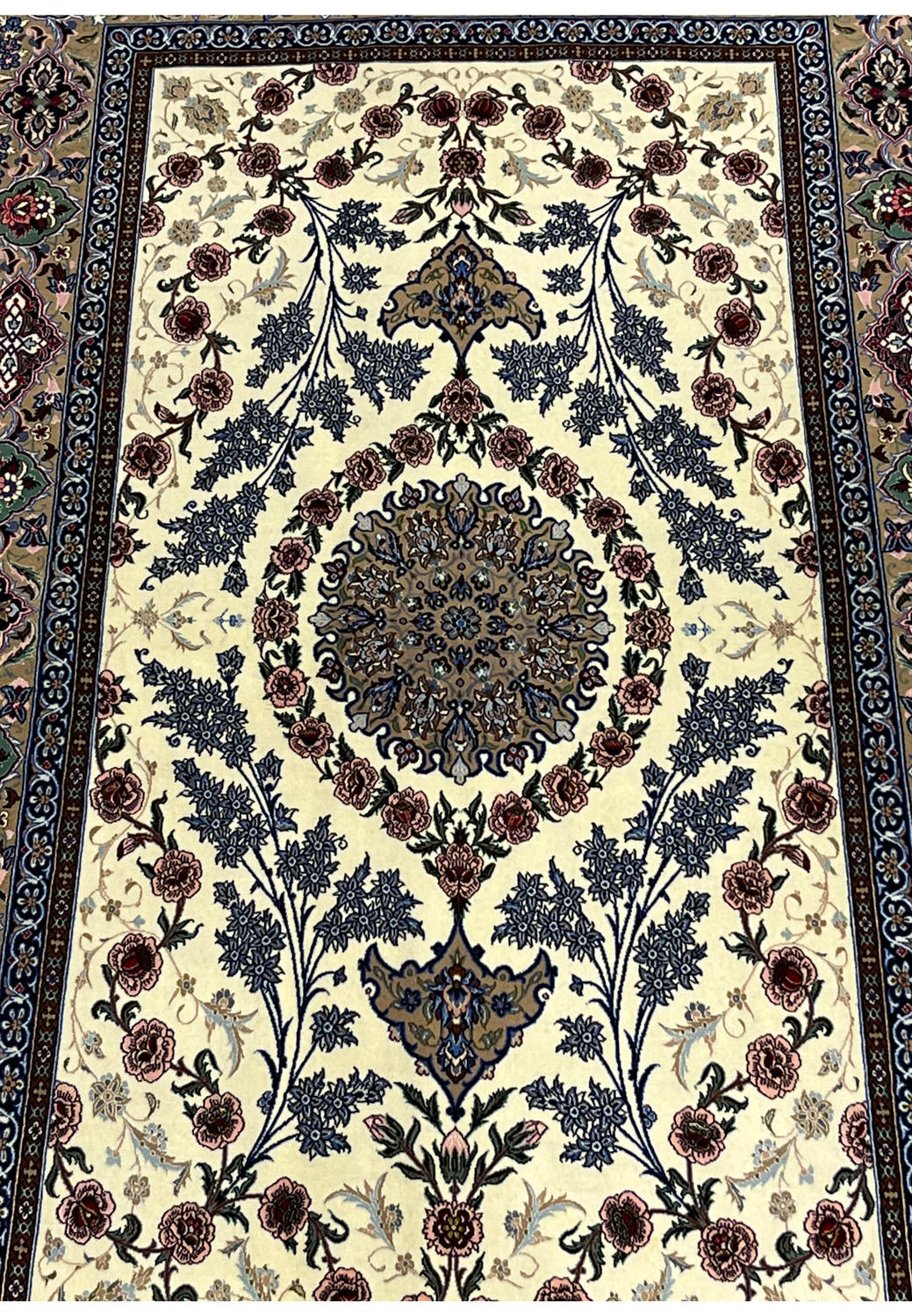 Midfield detail Persian Isfahan wool silk rug blue cornflower sprays pink peonies ivory ground Darri