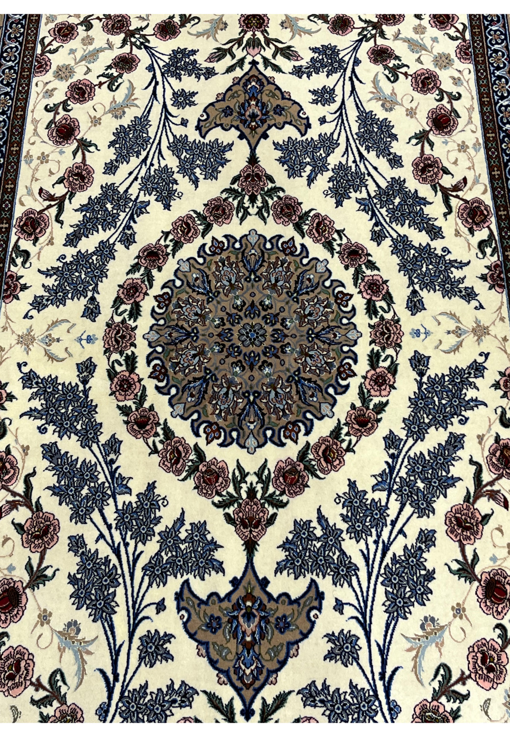 Central medallion Persian Isfahan wool silk rug taupe golden brown blue floral arabesques pink peonies ivory field