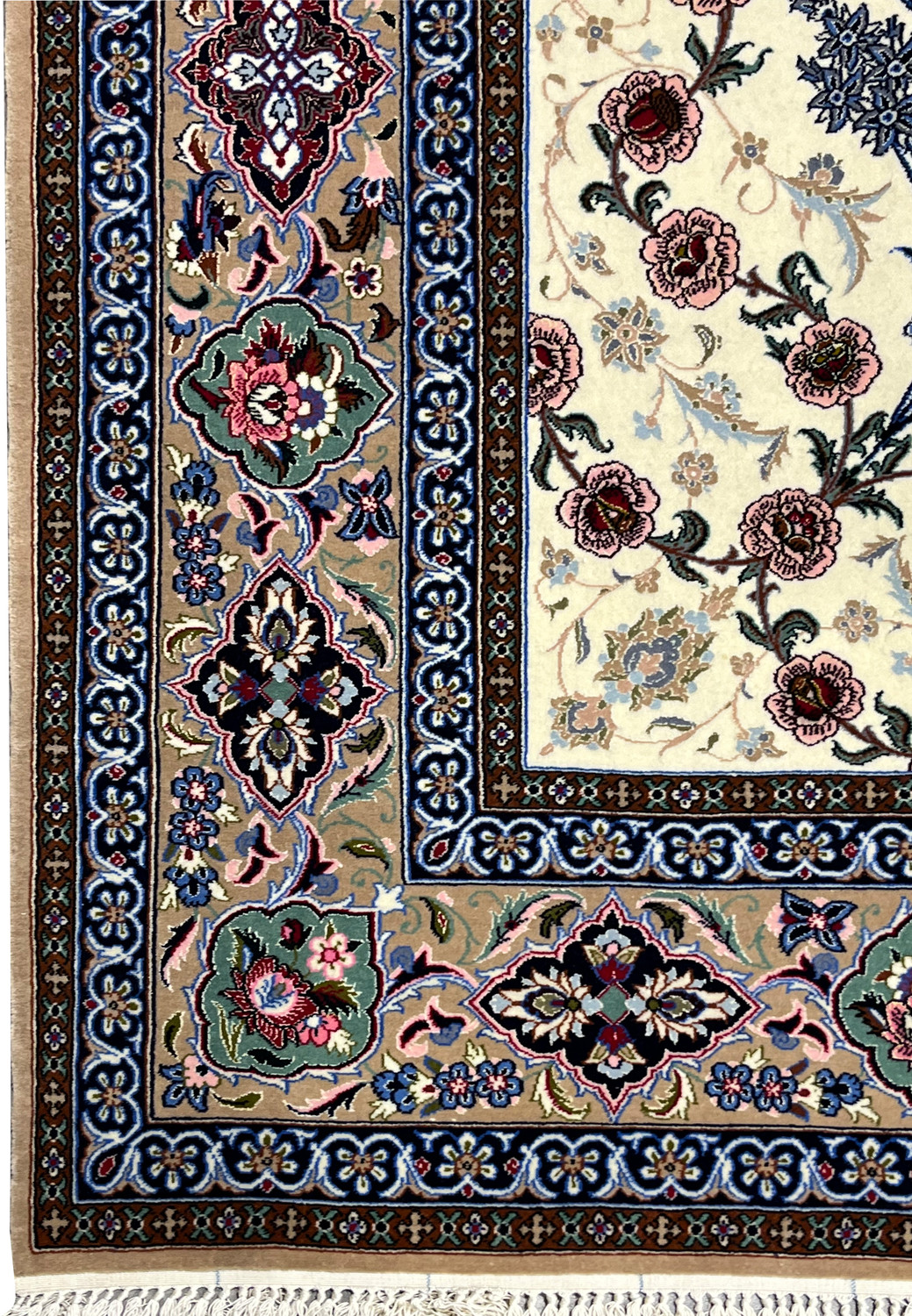 Corner border detail Persian Isfahan wool silk rug sage green black cartouches pink floral ivory field Darri