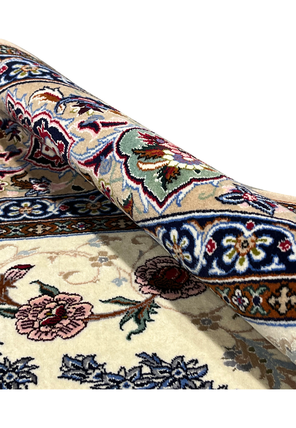 Rolled Persian Isfahan wool silk rug showing pile depth floral border detail taupe navy hand knotted Persia