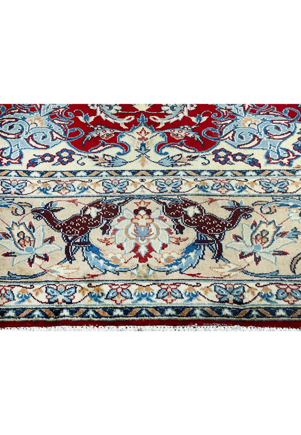 Animals closeup Persian Isfahan 10x13 wool rug brown deer motifs on warm ivory border blue floral handmade Persia