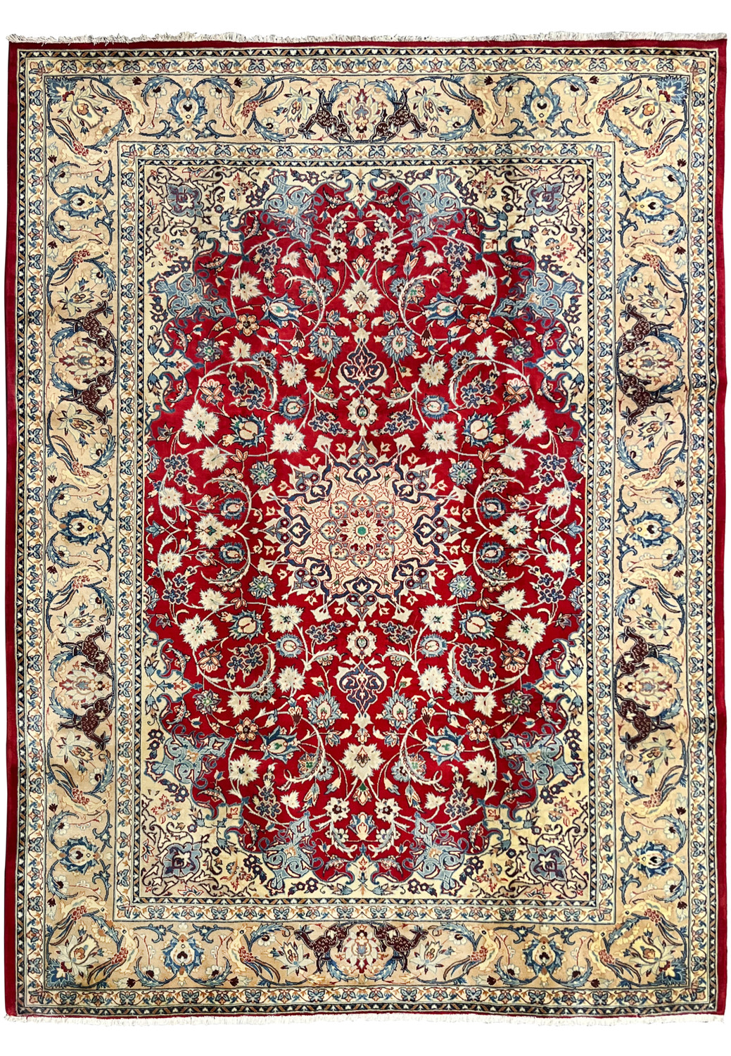 10x13 handmade Persian Isfahan wool rug crimson red field ivory border floral medallion animal and bird motifs Persia