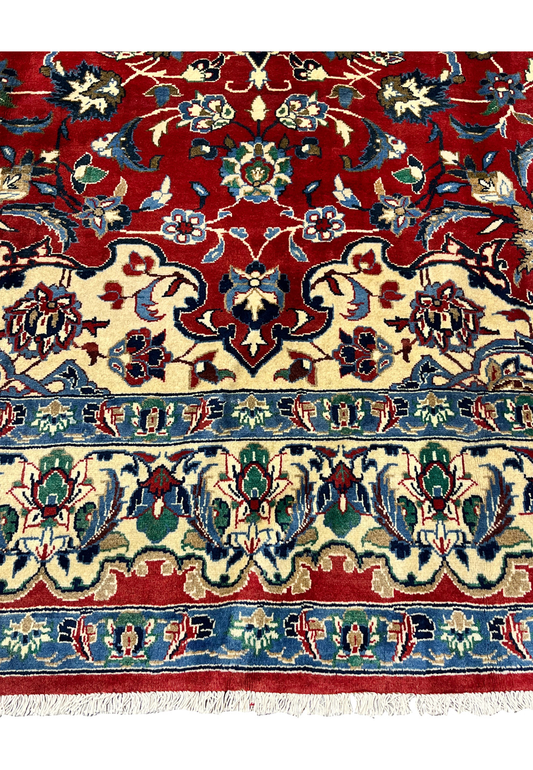 Lower border detail 8x12 Persian Isfahan wool rug ivory ground green blue floral scrollwork crimson red field fringe