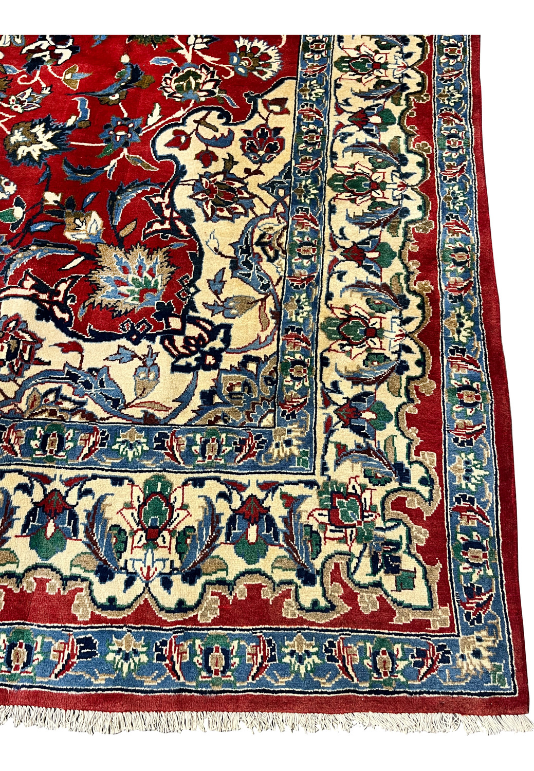 Border corner detail 8x12 Persian Isfahan wool rug ivory ground green blue floral palmette scrollwork crimson red field