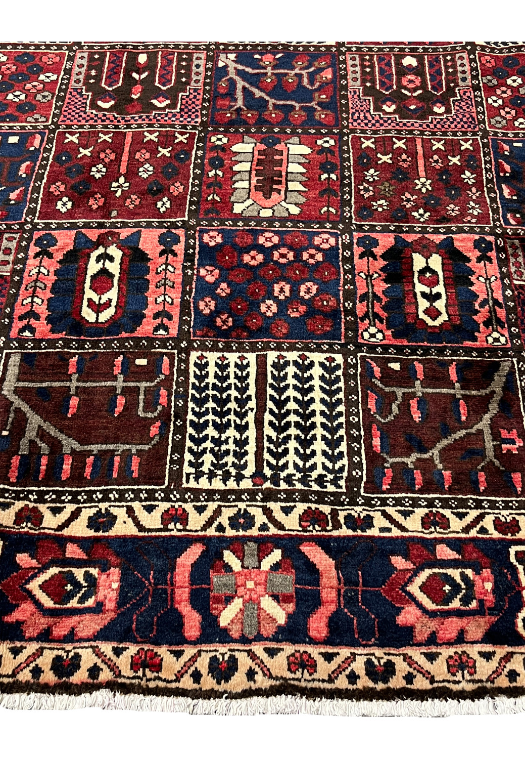 Khane panel detail of 7x10 Persian Bakhtiari wool rug with arched niches and flowering shrubs