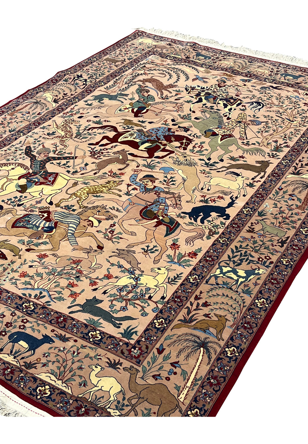 Angled view of 5x8 fine Persian Isfahan Seirafian hunting rug showing silk pile depth and sheen