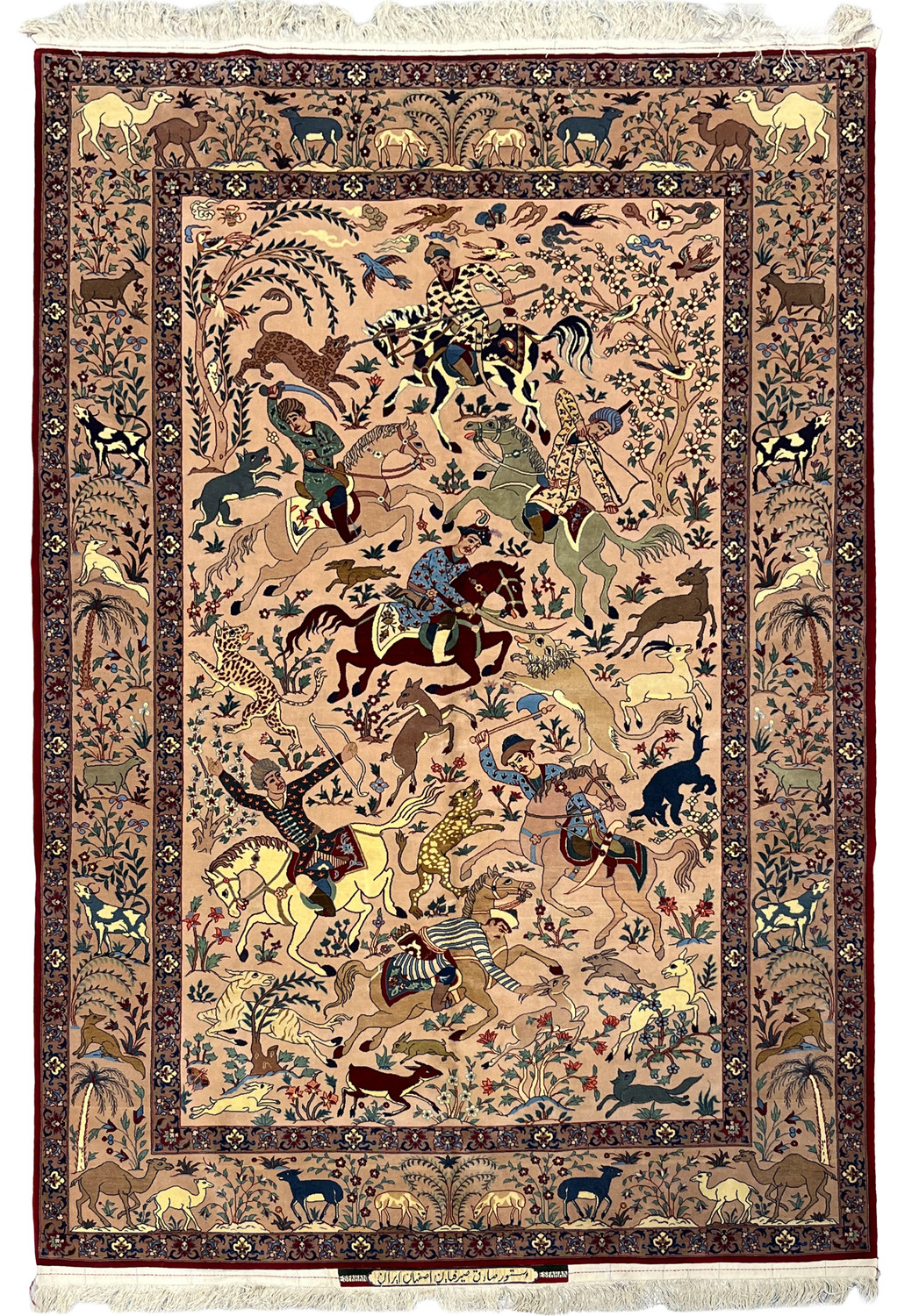 Fine 5x8 Persian Isfahan Seirafian rug with royal hunting scene on blush ground, full view