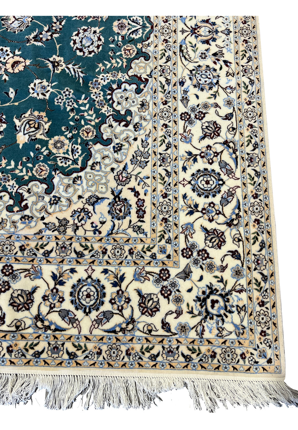 Ivory main border with floral vine on 7x10 Persian Nain 6La Habibian teal and ivory rug