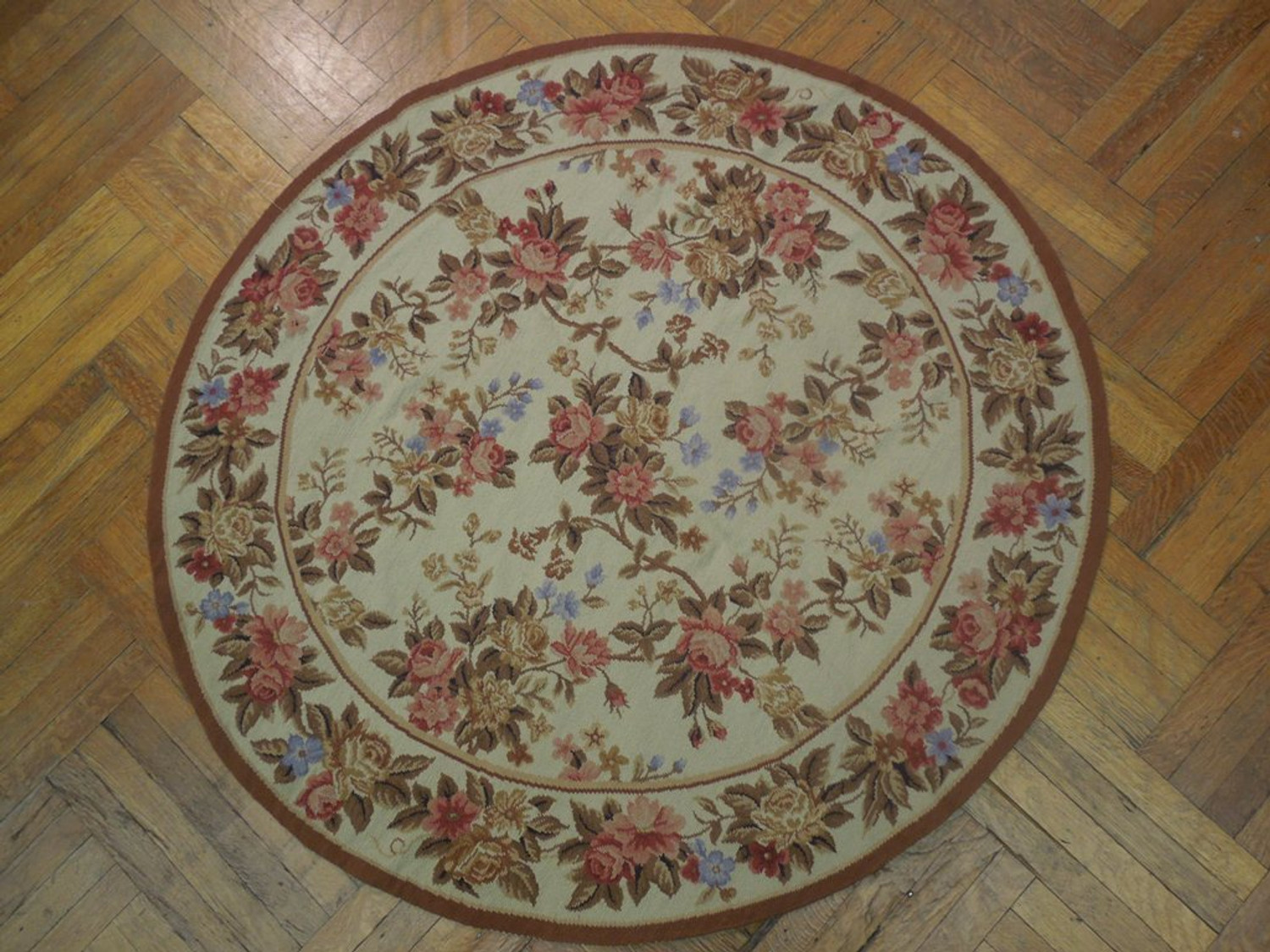 5 x 5 Floral Authentic Needlepoint Flat Weave Round Rug