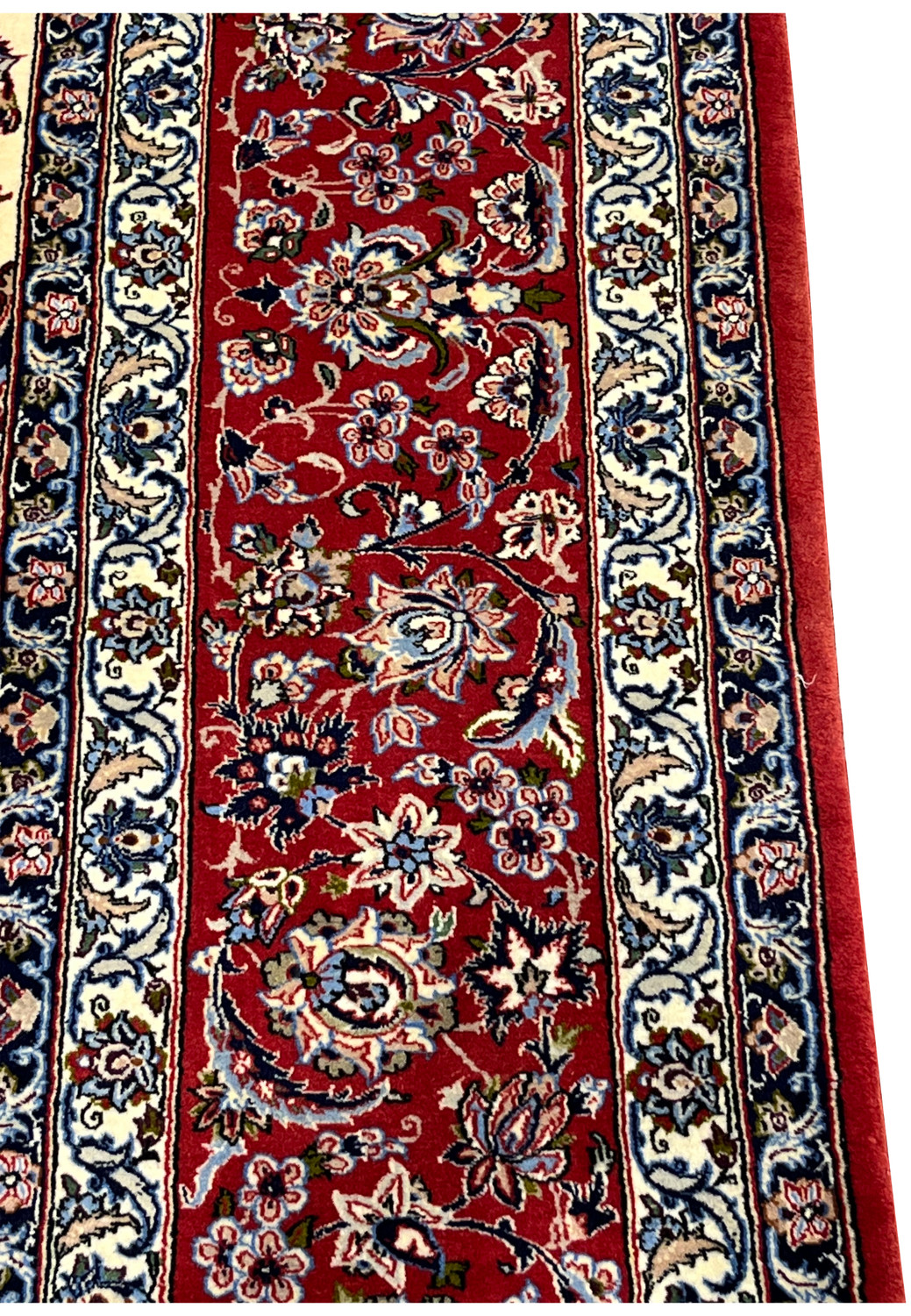Border closeup 8x12 premium Persian Isfahan wool silk rug crimson red field ivory blue floral scrollwork arabesques.