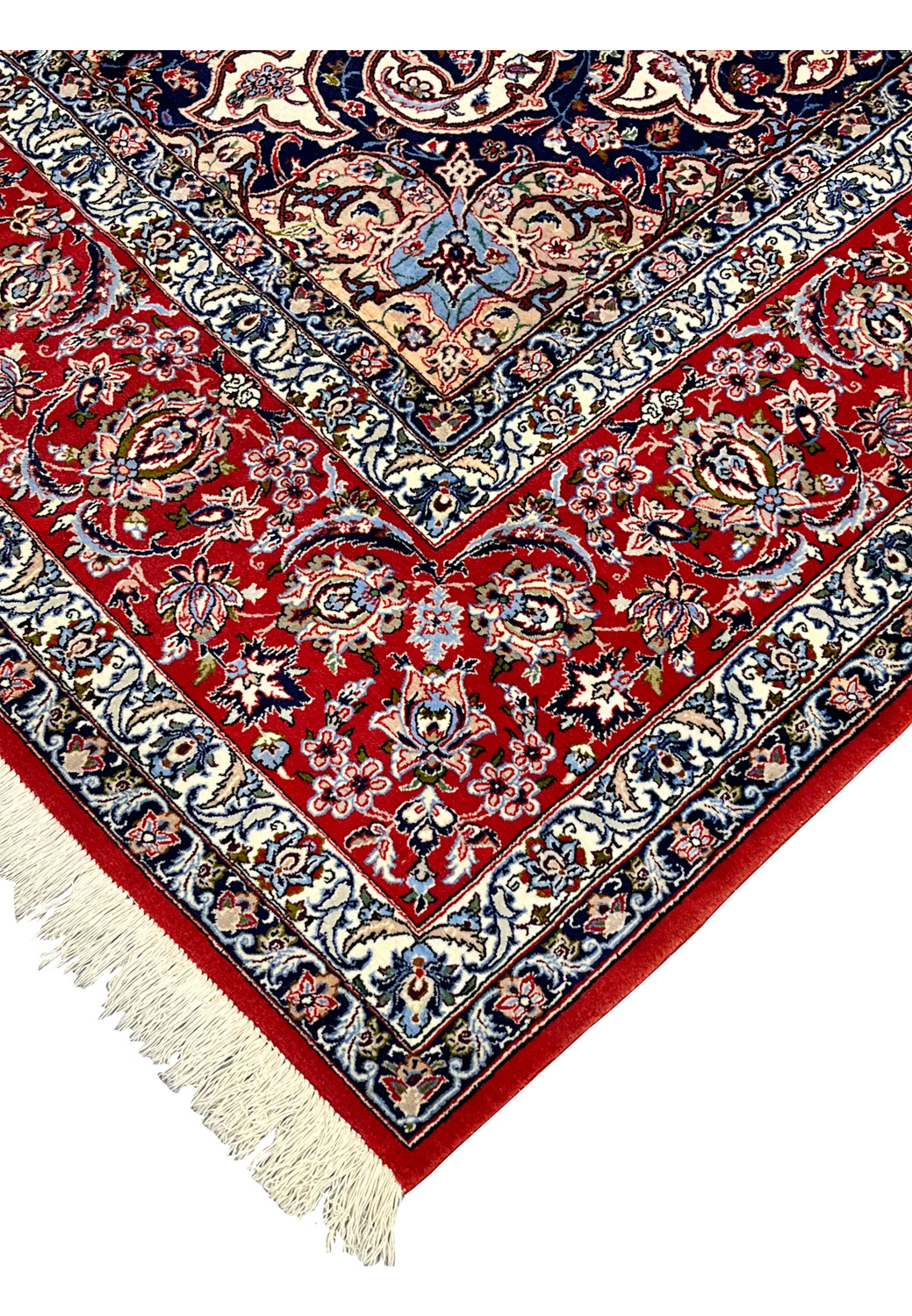 Edge detail 8x12 premium Persian Isfahan wool silk rug hand knotted ivory fringe crimson red border navy blue arabesque