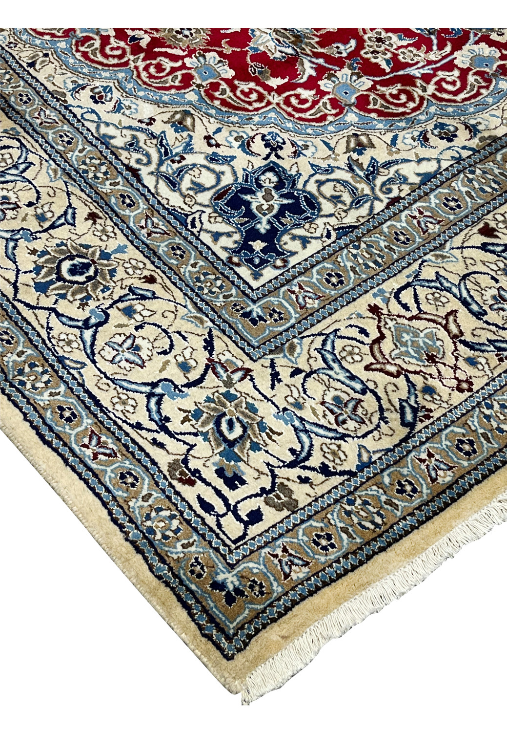 Edge detail of Persian Nain rug showing tight weave, clean side finish, and well preserved wool pile