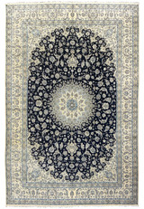 Handwoven 13 x 19'8 Persian Nain 9LA Rug with intricate floral patterns and blue and beige tones