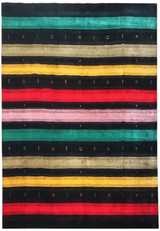 Full view of 8'3" x 9'11" colorful Gabbeh rug with vibrant stripes.
