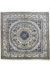 Full view of Square 6'7x6'7 Persian Nain Rug with ivory field and central medallion design