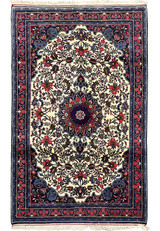 Full view of 4'3 x 6'8 Floral Persian Bijar Rug with ivory field, navy blue border, and intricate floral motifs