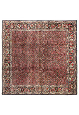 Full view of 8x8 Square Persian Bijar Rug with rust and navy floral allover design