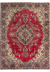 Full view of the 10x13 Patina Vintage Persian Tabriz Rug showing red field, central medallion, worn patina areas, and detailed navy and cream borders.