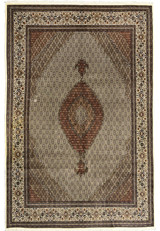7x11 handmade Persian Tabriz Mahi wool silk rug 50 Raj fish pattern ivory field brown burgundy medallion Persia