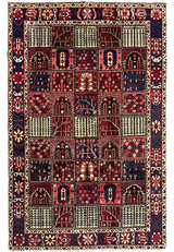 Hand-knotted 7x10 Persian Bakhtiari wool rug with red and navy panel design, full view