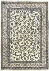 Hand-knotted 8x11 Persian Nain 9La wool and silk rug with ivory and navy allover floral design, full view