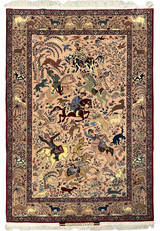 Fine 5x8 Persian Isfahan Seirafian rug with royal hunting scene on blush ground, full view