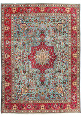 10x13 Persian Tabriz rug full view, sky blue field, crimson star medallion, ivory and red floral border